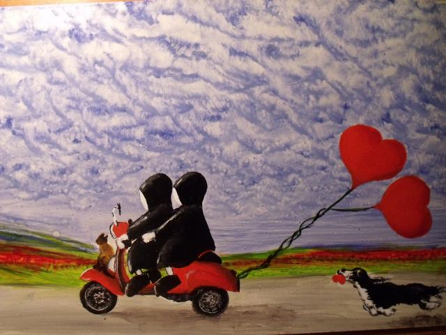 both go on a motorcycle, and Marci and Kiwi and love